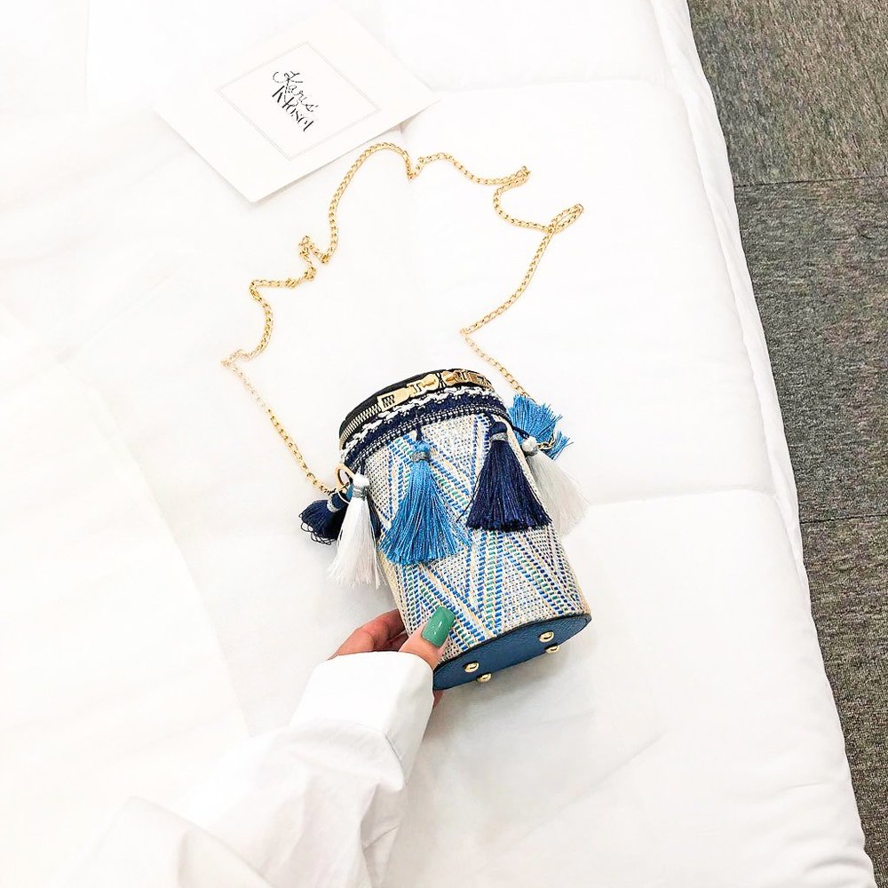Staycation Blue Tassle cylinder bucket bag purse - Picture 3 of 7